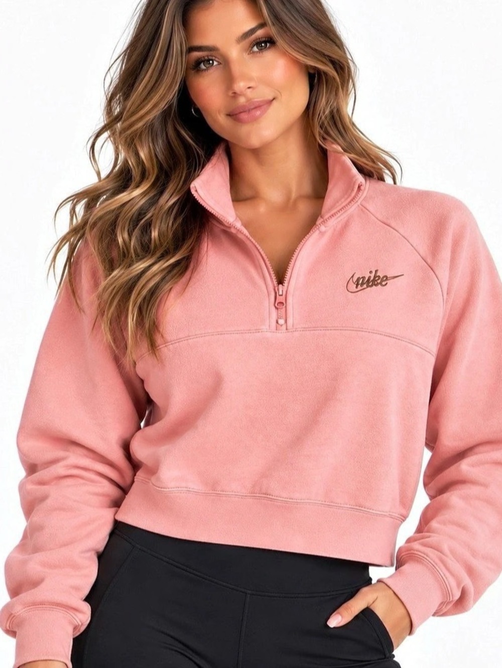 Nike Fleece Half-Zip Cropped Sweatshirt Pink Size Small